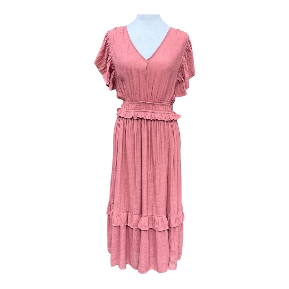 August Sky Dress Medium‎ Pink Maxi Ruffle Boho Midi CottageCore Lined Festival